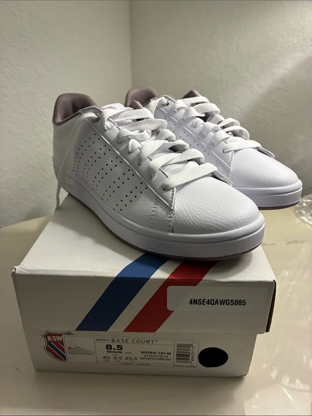 K-Swiss Base Court White Sneakers with Lavender Accents
